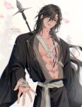  1boy abs bandaged_hand bandages black_hair braid cherry_blossoms chinese_clothes grey_eyes hair_over_shoulder hanfu head_tilt highres long_hair looking_at_viewer male_focus offering_hand open_clothes open_robe original outstretched_hand pectorals polearm robe rorynans smile solo spear toned toned_male weapon weapon_on_back 