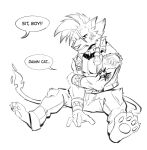  1boy animal_ears animal_nose arm_tattoo artofkurzweil bandaid bandaid_on_cheek bandaid_on_face barefoot biceps claws clenched_teeth collar denim english_commentary english_text fiery_tail final_fantasy final_fantasy_vii furry furry_male highres jeans looking_at_another looking_to_the_side male_focus monochrome muscular muscular_male open_clothes open_vest pants pawpads pectoral_cleavage pectorals red_xiii roman_numeral scar scar_on_cheek scar_on_face sitting speech_bubble spiked_collar spiked_hair spikes tail tattoo teeth torn_clothes torn_jeans torn_pants torn_sleeves vest 