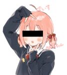  1girl ahoge arm_up aruko_okara bangs bar_censor black_cardigan blush bow bowtie cardigan censored character_name chestnut_mouth collared_shirt double_v duck_print finger_to_own_chin hair_bow highres identity_censor indie_virtual_youtuber low_twintails m_ydayo pink_hair red_bow red_bowtie shirt short_eyebrows short_twintails simple_background sleeves_past_wrists solo tokumei_radio twintails upper_body v white_background white_shirt 