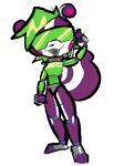  ambiguous_gender animatronic anthro clothing dogguyd eyewear facewear facial_markings fangs glasses green_body green_clothing green_hair grey_body hair head_markings highlights_(coloring) machine mammal markings mephitid multicolored_body multicolored_ears open_mouth paws pink_body pink_ears purple_body purple_ears purple_tail robot skunk solo tail tail_markings teeth two_tone_body two_tone_ears two_tone_tail white_body white_tail 