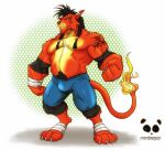  anthro black_hair bottomwear bulge clothing felid feline final_fantasy final_fantasy_vii fur hair male mammal muscular muscular_male pandaemondx pants red_body red_fur red_xiii solo square_enix tail wrestler 