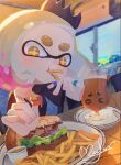  1girl burger crown drink eating food food_in_mouth french_fries highres indoors inkling mole mole_under_mouth pearl_(splatoon) short_eyebrows solo splatoon_(series) splatoon_2 tentacle_hair thick_eyebrows white_hair yellow_eyes zhang_tian57284 