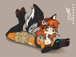 2025 5_fingers anthro biped blue_eyes bottomwear breasts butt canid canine clothed clothed_anthro clothed_female clothing countershade_fur countershade_torso countershading deer digital_drawing_(artwork) digital_media_(artwork) dragonfu eyewear female fingers fox front_view fully_clothed fully_clothed_anthro fully_clothed_female fur glasses grey_body grey_fur grey_tail hair hi_res holding_object hooves hybrid looking_at_viewer lying mammal nintendo nintendo_switch on_front orange_body orange_fur orange_hair pants simple_background solo tail topwear