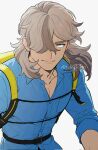  1boy arven_(pokemon) backpack bag belt belt_buckle black_belt blue_eyes blue_shirt buckle closed_mouth collarbone collared_shirt commentary_request hair_over_one_eye highres looking_to_the_side male_focus medium_hair multicolored_hair one_eye_covered open_collar parted_bangs pokegpp110 pokemon pokemon_sv shirt sideways_glance simple_background sleeve_cuffs smile solo streaked_hair twitter_username white_background yellow_bag 