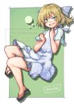  1girl alternate_costume artist_name black_sandals blonde_hair blush bow breasts commentary_request dress floral_print floral_print_bow floral_print_dress full_body ginnkei green_background green_eyes grey_bow grey_dress hair_bow half_updo hands_up highres looking_at_viewer mizuhashi_parsee okobo open_mouth parsee_day platform_sandals pointy_ears print_dress sandals see-through_clothes see-through_sleeves short_hair short_sleeves small_breasts solo touhou two-tone_background v-shaped_eyebrows watermark white_background 