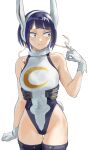 1girl absurdres animal_ears armpits ass bags_under_eyes bangs bare_shoulders blue_eyes blue_hair blush boku_no_hero_academia breasts closed_mouth collarbone cosplay covered_navel double_bun fangs fengling_(furin-jp) gloves groin hair_bun hands_up highres hip_bones jirou_kyouka large_breasts legs looking_at_viewer messy_hair mirko mirko_(cosplay) navel rabbit_ears rabbit_tail short_hair simple_background skin_tight small_breasts solo tail tight white_background white_gloves wide_hips 