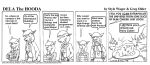 1998 anthro black_and_white book breasts canid canine cheese clothed clothed_female clothing comic dairy_products dela_aldershaw dela_the_hooda dialogue domestic_cat duo english_text felid feline felis female food fox hooda mammal monochrome nylaena offscreen_character style_wager text