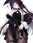  1girl 707arisu absurdres alternate_costume animal_ear_fluff animal_ears bare_shoulders black_hair black_leotard black_pantyhose breasts commentary cowboy_shot detached_sleeves english_commentary fingernails fishnet_pantyhose fishnets fox_ears fox_girl heart highleg highleg_leotard highres hoshimi_miyabi large_breasts leotard long_fingernails long_hair looking_at_viewer pantyhose parted_lips red_eyes signature simple_background skindentation solo very_long_hair white_background zenless_zone_zero 