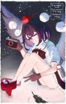  1girl absurdres black_bow black_bowtie black_gloves black_hair black_skirt blush bow bowtie camera closed_mouth collared_shirt crossed_bangs feathers geta gloves hat highres holding holding_camera k4ja0002 knees_up looking_at_viewer on_ground pink_eyes pom_pom_(clothes) puffy_short_sleeves puffy_sleeves red_hat red_shoes shameimaru_aya shirt shoes short_hair short_sleeves sitting skirt smile solo tengu-geta thighs tokin_hat touhou w white_shirt 