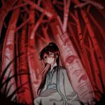 1boy aged_down birch_tree black_eyes black_hair blank_stare blue_eyes blue_trim chinese_clothes chinese_commentary commentary_request eye_print forest from_below grass hair_between_eyes hair_over_shoulder hanfu heterochromia high_ponytail highres hong_lu_(project_moon) horror_(theme) jcm20040808 limbus_company long_hair male_focus nature official_alternate_costume ponytail project_moon seiza short_hair sitting solo too_many_eyes tree very_long_hair white_hanfu 