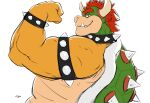  1boy armlet artist_name bara biceps bowser bracelet clenched_hand collar english_commentary fangs flexible furry furry_male grin horns jewelry looking_at_viewer male_focus mario_(series) muscular muscular_male red_hair smile spiked_armlet spiked_bracelet spiked_collar spiked_shell spikes toniluvsgm white_background 