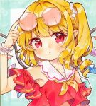  1girl adjusting_eyewear alternate_costume bare_shoulders blonde_hair blue_background clothing_cutout commentary_request eyewear_on_head flandre_scarlet hand_on_eyewear looking_at_viewer marker_(medium) mimi_(mimi_puru) neckerchief one_side_up pink-tinted_eyewear pointy_ears red_eyes red_nails red_shirt shirt shoulder_cutout solo sunglasses tinted_eyewear touhou traditional_media upper_body wrist_cuffs yellow_neckerchief 