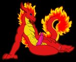  2022 animal_genitalia anthro balls blue_eyes chest_spike countershading digital_drawing_(artwork) digital_media_(artwork) dragon erection eyebrows fire flaming_hair flaming_mane flaming_tail flirting flirting_with_viewer genitals hand_on_leg hi_res knot leaning leaning_back long_ears long_tail looking_at_viewer male penis pink_penis pseudo_hair pseudo_mane pupils raised_eyebrow red_body ridged_penis salamander_(void_lizard) sheath sitting slit_pupils smile smirk solo spikes spikes_(anatomy) tail tongue tongue_out void_lizard yellow_balls yellow_body yellow_countershading 