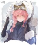  1girl absurdres backpack bag black_gloves coat cropped_torso fur-trimmed_hood fur_trim gloves goggles goggles_on_head grey_background grey_eyes hand_on_headwear hands_up highres hood hood_up long_hair nautika_(reverse:1999) nishiyos parted_lips pink_hair purple_coat reverse:1999 solo upper_body white_background 