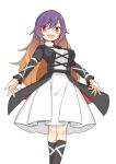  1girl :d absurdres bangs black_dress breasts brown_eyes brown_hair cross-laced_clothes dress feet_out_of_frame gradient_hair hekkmushi highres hijiri_byakuren large_breasts layered_dress long_hair long_sleeves looking_at_viewer multicolored_hair open_mouth purple_hair red_pupils simple_background smile solo touhou white_background white_dress 