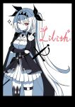  1girl absurdres alternate_costume arm_under_breasts ascot belt black_belt black_border black_cape black_choker black_dress black_hairband black_thighhighs border cape character_name chest_guard choker closed_mouth commentary crown dogari dress elbow_pads english_commentary groin hair_between_eyes hair_ribbon hairband hand_up highres index_finger_raised lilith_(the_noexistencen_of_you_and_me) long_hair looking_at_viewer mixed-language_commentary one_eye_closed polaroid_photo rapier red_eyes ribbon simple_background single_thighhigh smile solo standing star_(symbol) sword the_noexistencen_of_you_and_me thigh_strap thighhighs thighs twintails very_long_hair weapon white_ascot white_background white_hair 