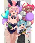  1boy 1girl age_difference alcohol animal_ears balloon bangs blue_eyes blue_hair bow bowtie breasts cat_ears cat_tail champagne cleavage collared_shirt commentary commentary_request confetti dress_shirt fake_animal_ears formal happy_birthday heart_balloon heterochromia highres long_hair looking_at_viewer necktie onee-shota open_mouth original pink_hair purple_eyes rabbit_ears red_eyes shiomachi shirt short_hair smile suit tail thighhighs wrist_cuffs 