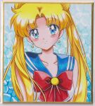  1girl bishoujo_senshi_sailor_moon blonde_hair blue_eyes blue_sailor_collar bow choker commentary double_bun earrings hair_bun hair_ornament highres jewelry long_hair red_bow red_choker sailor_collar sailor_moon sailor_senshi_uniform smile solo traditional_media tsukino_usagi twintails user_kztc4472 