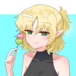  1girl black_shirt blonde_hair blue_background blush dango fixer_(xfsl45hm4u5wkw4) food green_eyes grin hair_between_eyes hashtag-only_commentary high_ponytail highres holding holding_food looking_at_viewer mizuhashi_parsee parsee_day pointy_ears ponytail sanshoku_dango shirt short_hair short_ponytail simple_background sleeveless sleeveless_shirt smile solo touhou two-tone_background upper_body wagashi white_background 