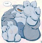  3_fingers 3_toes absurd_res anthro blue_clothing blue_underwear bulge chubby_male claws clothing dc_comics dialogue feet fin fingers fish foot_focus grey_body hi_res humanoid inviting king_shark looking_at_viewer male marine membrane_(anatomy) multicolored_body nanaue open_mouth overweight overweight_male pointing_at_foot shark sharp_teeth simple_background sitting soles solo spread_toes st3ph3n talking_to_viewer teeth toes two_tone_body underwear webbed_feet wrinkled_feet 