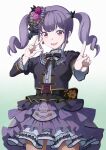  1girl bang_dream! black_dress corset dress earrings fishnet_pantyhose fishnets flower frilled_dress frilled_skirt frilled_sleeves frills gradient_background green_background hair_flower hair_ornament highres jewelry kitayu long_sleeves looking_at_viewer pantyhose pink_flower pink_rose purple_eyes purple_flower purple_rose red_eyes red_flower red_rose rose simple_background skirt solo twintails two-tone_background udagawa_ako upper_body white_background 