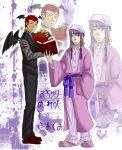  2boys black_pants black_vest black_wings blunt_bangs book book_stack bow closed_mouth commentary_request crescent crescent_hair_ornament demon_boy demon_wings expressionless full_body genderswap genderswap_(ftm) grey_shirt hair_bow hair_ornament head_wings holding holding_book koakuma long_hair looking_at_viewer male_focus multiple_boys multiple_hair_bows necktie open_book pants patchouli_knowledge pointy_ears purple_hair purple_pants purple_robe purple_shirt purple_slippers red_eyes red_hair red_necktie robe shirt short_hair simotukiryuusi slippers striped_clothes striped_pants striped_shirt touhou vertical-striped_clothes vertical-striped_shirt vest white_background wings zoom_layer 