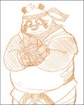  1boy animal_ears bandaged_hand bandages bara belly biceps closed_mouth crave_saga dougi fat furry furry_male headband highres looking_at_hand moku_nameko monochrome panda_boy panda_ears plump shaoren_(crave_saga) sleeveless white_background 