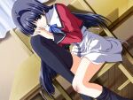  1girl black_hair black_thighhighs chair doko_e_iku_no_ano_hi game_cg green_eyes kanno_touko knees_up kunimi_ema long_hair non-web_source school_uniform thighhighs 
