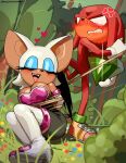  1girl anger_vein animal_ears animal_nose bat_ears bat_girl bdsm blush bondage boots bound breasts bush chaos_emerald cleavage eyeshadow forest furry furry_female furry_male gloves highres ironicnotsavage knuckles_the_echidna makeup nature red_fur rouge_the_bat shoes smile sonic_(series) standing tail thigh_boots white_gloves 