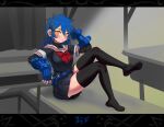  1girl arm_behind_head arm_up bangs black_serafuku black_shirt black_skirt black_thighhighs blue_gloves blue_hair blue_nails bow crossed_legs dif_(difman) difman eyebrows_hidden_by_hair fingerless_gloves full_body gloves hair_between_eyes highres indoors layered_sleeves long_hair long_sleeves looking_at_viewer nail_polish no_shoes orange_eyes original pleated_skirt red_bow sailor_collar school_uniform serafuku shirt short_over_long_sleeves short_sleeves sitting skirt solo thick_eyebrows thighhighs white_sailor_collar 