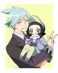 1boy 1girl absurdres black_gloves black_hair blue_eyes carrying clenched_teeth commentary_request formal gloves green_eyes green_hair highres jewelry looking_at_viewer necktie pantyhose pokemon pokemon_(game) pokemon_oras pokemon_sv poppy_(pokemon) ring short_hair simple_background smile steven_stone suit teeth v visor_cap yao_(evep3835) 