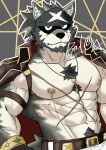  1boy abs absurdres animal_ears another_eidos-r balo_dqx_ff14 bandana bara bare_pectorals beard biceps black_bandana black_coat closed_mouth coat commentary_request cross_scar facial_hair full_house_(another_eidos) furry furry_male grey_fur highres looking_at_viewer male_focus muscular muscular_male navel nipple_piercing nipples pants pectorals piercing scar scar_on_chest signature white_pants wolf_boy wolf_ears 