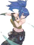  1girl armlet belt blue_eyes blue_hair breasts camouflage camouflage_pants dog_tags earrings gloves highres irc14786149 jewelry leona_heidern navel pants side_ponytail simple_background slashing solo tank_top the_king_of_fighters the_king_of_fighters_xv triangle_earrings white_background yellow_tank_top 