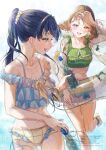  2girls :d absurdres bare_shoulders barefoot bikini blue_bikini blue_eyes blue_hair bottle braid breasts brown_hair cleavage comiket_106 commentary_request cowboy_shot dollchestra frilled_bikini frilled_innertube frills green_bikini hair_ornament hair_scrunchie high_ponytail highres holding holding_bottle innertube jacket jacket_over_swimsuit kachimachi_kosuzu kachimachi_kosuzu_(c106_swimsuit) kuzia_(atarayo) leg_up long_hair low_twin_braids mismatched_bikini multiple_girls murano_sayaka murano_sayaka_(c106_swimsuit) off-shoulder_bikini off_shoulder official_alternate_costume open_clothes open_jacket open_mouth pink_eyes pinstripe_bikini ponytail ramune scrunchie see-through_clothes see-through_jacket signature small_breasts smile swim_ring swimsuit toes transparent_innertube twin_braids twitter_username watermark white_scrunchie yellow_bikini 