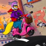 absurd_res ambiguous_gender anthro armor basket beak bottomwear building cape claws clothing cloud container delphox denim denim_bottomwear denim_clothing driving duo evolutionary_stone exclamation_point eyewear feathers feet female feral fire_stone fluffy fluffy_(chandrastone) fluffy_tail flying fur generation_2_pokemon generation_5_pokemon generation_6_pokemon goggles graffiti graffiti_on_wall headgear helmet hi_res jeans jewelry just_my_type lumiose_city luna_(chandrastone) male memorial motion_lines mrtoastsandwich multicolored_body multicolored_fur necklace nintendo pants pidove pokemon pokemon_(species) prism_tower road shaded shirt shocked signature sky smile smoke snout sound_effects sun sunset swinub t-shirt tail talons toes topwear vehicle vespa wheel window yellow_sclera