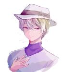  1boy closed_mouth fedora hand_on_own_chest hat highres male_focus multicolored_sweater nobel_(technoroid) portrait purple_eyes purple_sweater shenaa sketch smile solo sweater technoroid turtleneck turtleneck_sweater white_background white_hair white_sweater 