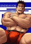  1boy absurdres balo_dqx_ff14 bara beard_stubble biceps boku_no_hero_academia boxers character_name commentary_request endeavor_(boku_no_hero_academia) facial_hair highres looking_at_viewer looking_down male_focus male_underwear muscular muscular_male open_mouth orange_male_underwear pectoral_cleavage pectorals red_hair scar scar_across_eye scar_on_face signature sitting stomach_hair stubble topless_male underwear 