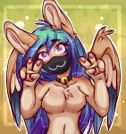  anthro bell bell_collar blush breasts collar feathered_wings feathers female fur gesture hair hi_res lagomorph leporid looking_at_viewer male mammal mask rabbit shybun smile solo unknown_artist v_sign wings 