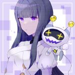  1girl 1other android black_hair closed_mouth denta_(technoroid) eliza_(technoroid) expressionless highres long_hair looking_at_viewer multicolored_hair open_mouth purple_background purple_eyes robot shenaa smile technoroid waving white_background 
