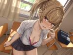  1girl aoi_tiduru bag black_skirt blush bra bra_peek breasts brown_hair chair classroom cleavage clipboard collared_shirt day desk earrings hair_ornament hairclip highres indoors jewelry large_breasts looking_at_viewer on_table open_mouth original partially_unbuttoned pen pink_bra pink_nails pleated_skirt pov red_eyes school_bag school_chair school_desk school_uniform scratching_cheek shirt skirt solo_focus sweatdrop table twintails underwear wavy_mouth white_shirt window 