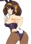  1girl absurdres animal_ears ass bangs bare_shoulders black_leotard blush breasts brown_eyes brown_hair cellphone closed_mouth fake_animal_ears fake_tail from_behind hair_ornament hairband hand_on_hip hand_up haruhisky highres holding leotard long_hair looking_at_viewer looking_back medium_breasts pantyhose phone playboy_bunny rabbit_ears rabbit_tail simple_background smile solo strapless strapless_leotard suzumiya_haruhi suzumiya_haruhi_no_yuuutsu tail white_background wrist_cuffs 