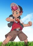  1boy autumn_snow baseball_cap belt blue_sky brown_eyes brown_shorts commentary commentary_request dark-skinned_male dark_skin day english_commentary hat jacket male_focus mixed-language_commentary outdoors pink_hair poke_ball pokemon red_shirt roy_(pokemon) shirt short_hair shorts sky smile standing 