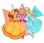  3girls arm_up bangs blonde_hair blue_dress blue_eyes breasts brown_hair crown dress earrings floating full_body gem gloves high_heels highres holding holding_wand hunihuni jewelry long_hair long_sleeves looking_at_viewer mario_(series) multiple_girls one_eye_closed open_mouth orange_dress pink_dress princess_daisy princess_peach puffy_short_sleeves puffy_sleeves rosalina short_sleeves simple_background smile super_mario_galaxy wand white_background white_gloves 