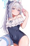  1girl absurdres bare_shoulders blue_archive blue_eyes blue_halo blue_one-piece_swimsuit blush casual_one-piece_swimsuit closed_mouth commentary_request covered_navel frilled_one-piece_swimsuit frills grey_hair hair_intakes halo hand_up highres holding holding_phone long_hair looking_at_viewer masute miyako_(blue_archive) miyako_(swimsuit)_(blue_archive) off-shoulder_one-piece_swimsuit off_shoulder official_alternate_costume one-piece_swimsuit phone ponytail simple_background solo swimsuit two-tone_one-piece_swimsuit very_long_hair white_background white_hair white_innertube 