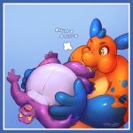  animate_inanimate anthro belly_inflation body_inflation dinosaur duo eyes_closed hands_on_belly hi_res inflatable inflation living_inflatable male male/male pool_toy reptile scalie surprised_expression unknown_artist zoran 