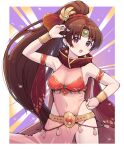 1girl :o arm_up armor bare_shoulders border breastplate breasts bridal_gauntlets brown_eyes brown_hair circlet covered_navel earrings emphasis_lines fire_emblem fire_emblem:_mystery_of_the_emblem fire_emblem:_shadow_dragon_and_the_blade_of_light fire_emblem_heroes gold_trim high_ponytail highres jewelry kutabireta_neko leotard linde_(fire_emblem) linde_(khadein)_(fire_emblem) long_hair pink_leotard purple_background solo very_long_hair white_border 