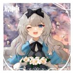  1girl ;d bangs black_bow black_vest blue_capelet blue_eyes blurry blurry_background blush bow capelet collared_shirt commentary depth_of_field english_commentary fallenstar_0718 flower genshin_impact gloves grey_hair hair_bow highres holding long_hair looking_at_viewer one_eye_closed original petals shirt smile solo teeth upper_body upper_teeth_only vest white_flower white_gloves white_shirt 