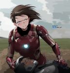  absurdres animification armor artist_name black_armor blood blood_from_mouth brown_eyes brown_hair bruise bruised_eye captain_america:_civil_war captain_america_(series) clenched_teeth closed_eyes cloud cloudy_sky commentary dark-skinned_female dark_skin day english_commentary genderswap genderswap_(mtf) grass highres injury iron_man james_rhodes marvel nisp_art outdoors power_armor red_armor scene_reference sky tears teeth tony_stark war_machine 