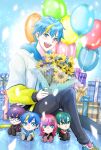  1boy :d aqua_eyes ayaan_(ayako) balloon black_pants blonde_hair blue_hair blush bouquet character_doll chrom_(technoroid) cobalt_(technoroid) gift highres jacket jewelry kei_(technoroid) long_sleeves male_focus multicolored_hair neon_(technoroid) pants ring shoes short_hair sitting smile sneakers streaked_hair technoroid 