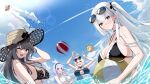  &gt;_&lt; +_+ 4girls alternate_costume azur_lane ball beachball bikini black_bikini blue_innertube blue_sky blush breast_rest breasts charybdis_(azur_lane) choker cleavage commentary_request day dido_(azur_lane) eyewear_on_head flying_sweatdrops frilled_bikini frilled_choker frills from_side full-face_blush grey_eyes grey_hair hat heart heart-shaped_eyewear highres holding holding_ball large_breasts light_blush long_hair looking_at_viewer manjuu_(azur_lane) motion_blur multiple_girls o-ring o-ring_bikini official_alternate_costume one_eye_closed outdoors pink-framed_eyewear purple_hair red_eyes scrunchie scylla_(azur_lane) shionootsu siblings signature sirius_(azur_lane) sirius_(scorching-hot_seirios)_(azur_lane) sisters sky striped_innertube summer_uniform sun_hat sunglasses swimsuit two-tone_innertube upper_body very_long_hair wading white_bikini white_hair white_innertube white_scrunchie wrist_scrunchie 